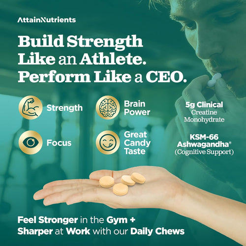 Creatine Chews - 5000mg Creatine Monohydrate Tablets for Men & Women with Ashwagandha KSM-66 - Low Sugar Muscle Support & Cognitive Boost - Gummy Alternative - 120 Count (Tropical Mango)