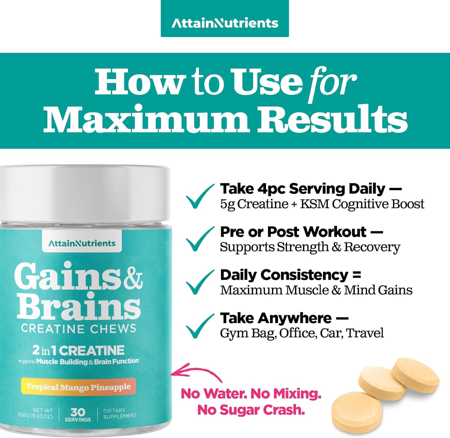 Creatine Chews - 5000mg Creatine Monohydrate Tablets for Men & Women with Ashwagandha KSM-66 - Low Sugar Muscle Support & Cognitive Boost - Gummy Alternative - 120 Count (Tropical Mango)