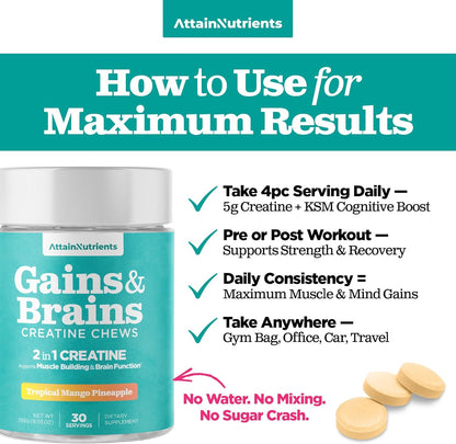 Creatine Chews - 5000mg Creatine Monohydrate Tablets for Men & Women with Ashwagandha KSM-66 - Low Sugar Muscle Support & Cognitive Boost - Gummy Alternative - 120 Count (Tropical Mango)
