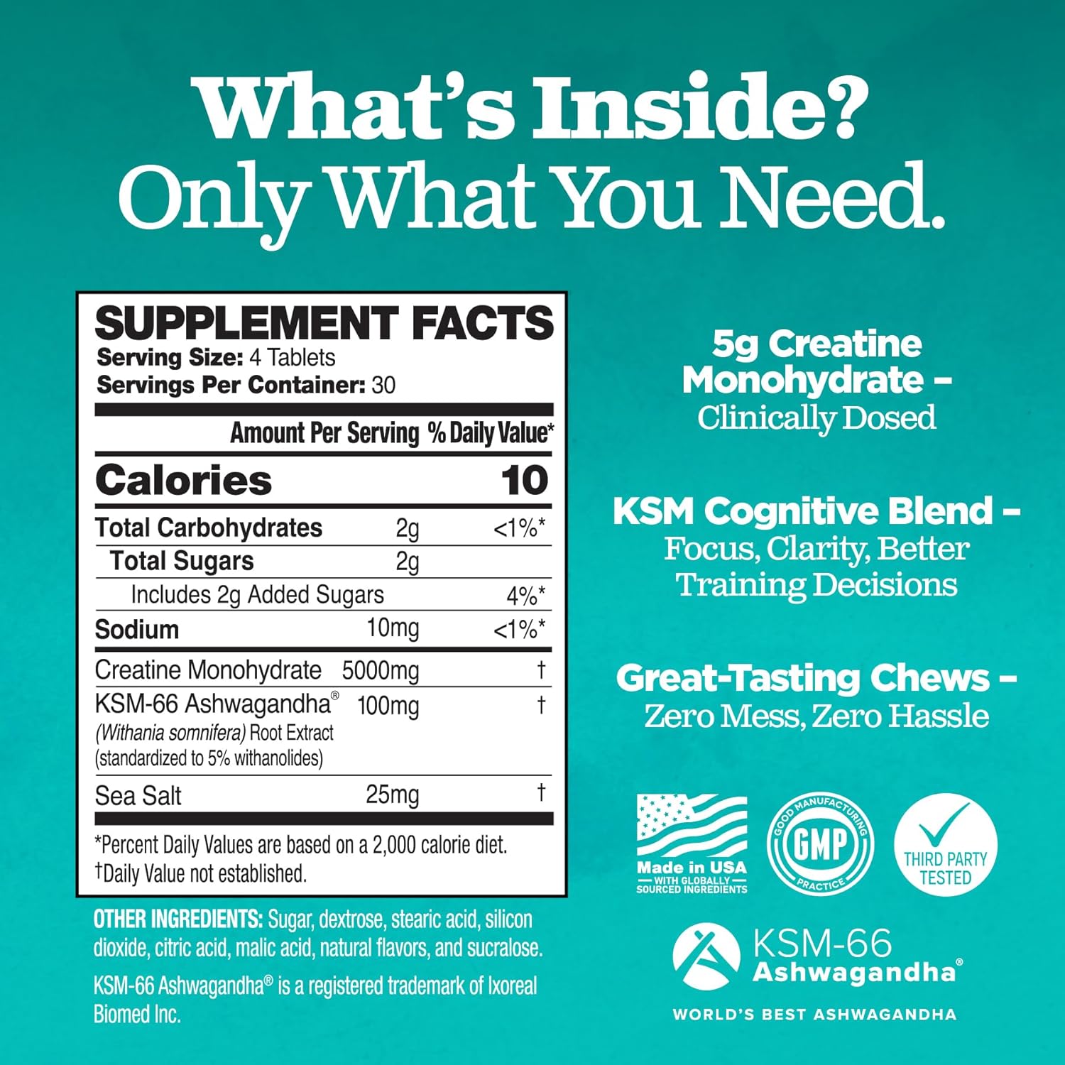 Creatine Chews - 5000mg Creatine Monohydrate Tablets for Men & Women with Ashwagandha KSM-66 - Low Sugar Muscle Support & Cognitive Boost - Gummy Alternative - 120 Count (Tropical Mango)