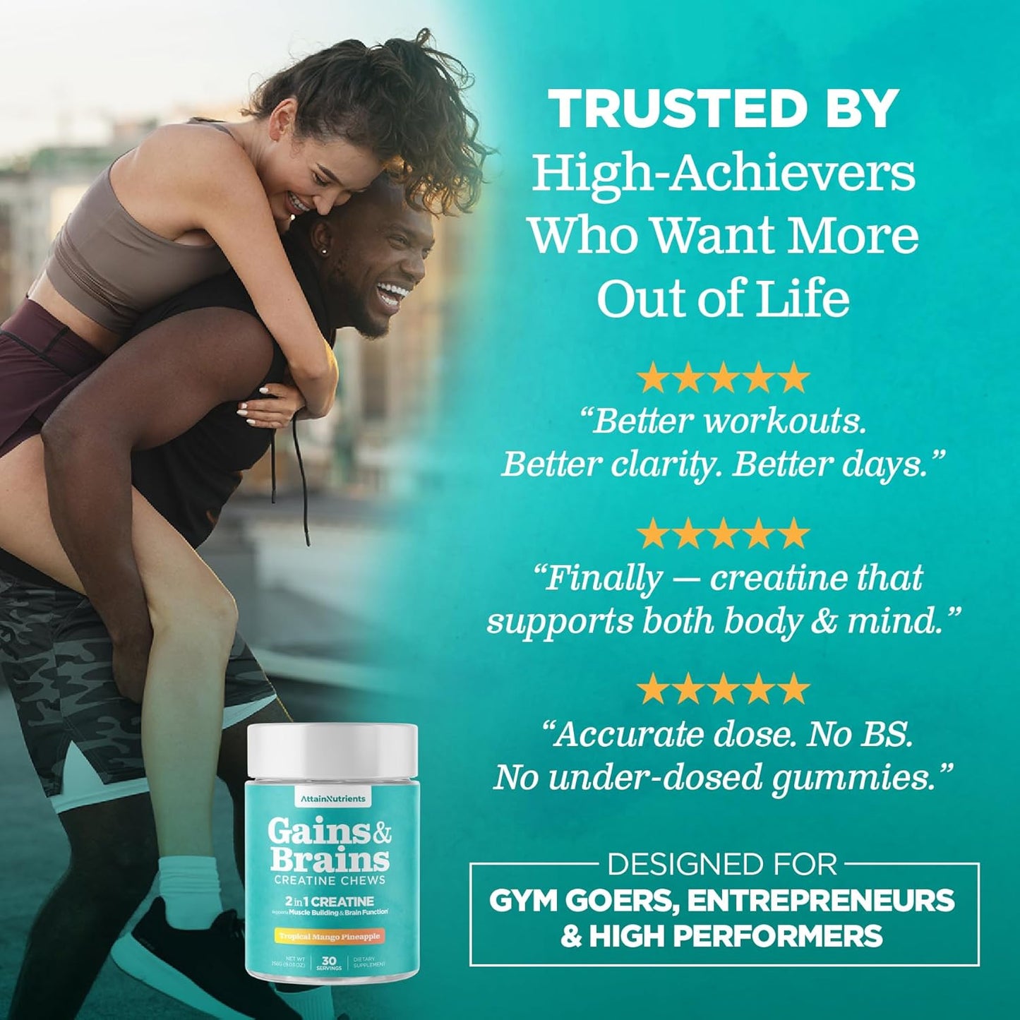 Creatine Chews - 5000mg Creatine Monohydrate Tablets for Men & Women with Ashwagandha KSM-66 - Low Sugar Muscle Support & Cognitive Boost - Gummy Alternative - 120 Count (Tropical Mango)