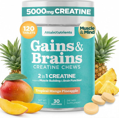 Creatine Chews - 5000mg Creatine Monohydrate Tablets for Men & Women with Ashwagandha KSM-66 - Low Sugar Muscle Support & Cognitive Boost - Gummy Alternative - 120 Count (Tropical Mango)